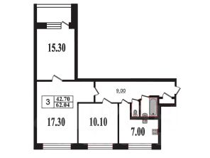 3-комн.кв., 62 м², этаж 2