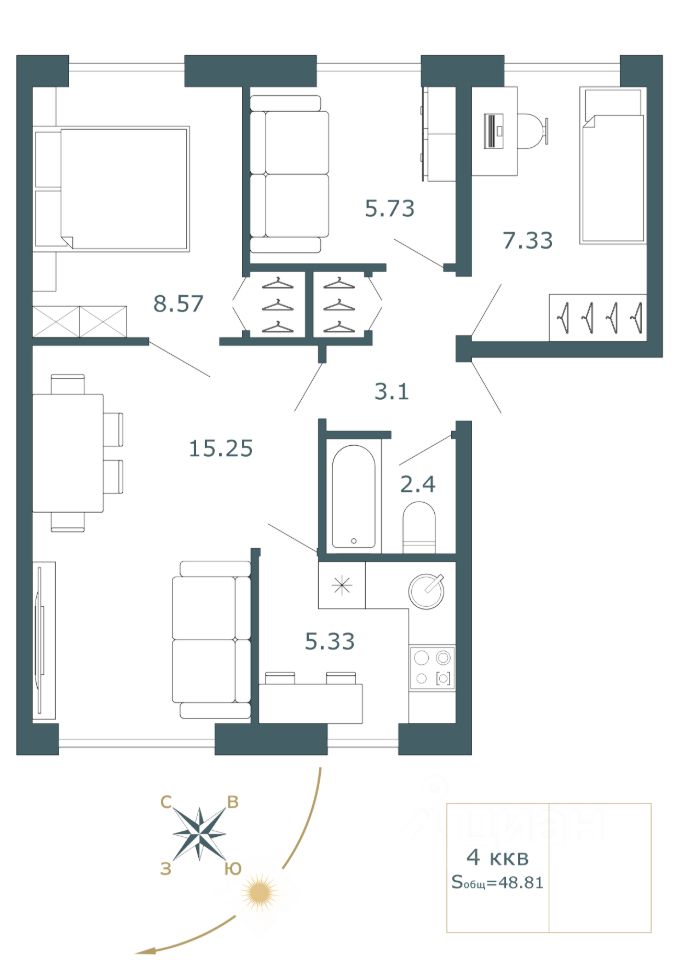 Продается4-комн.квартира,48,8м²