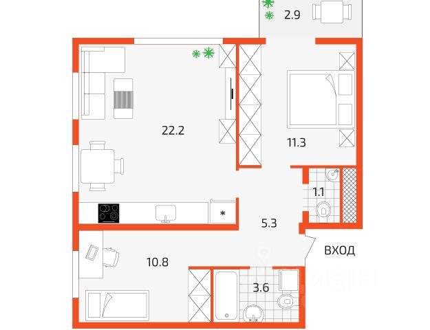 2-комн., 54,5 м², 7/14 этаж