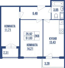 2-комн.апарт., 51 м², этаж 15