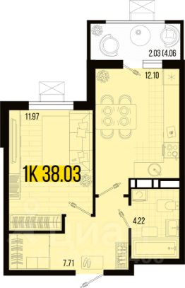 1-комн.кв., 38 м², этаж 6