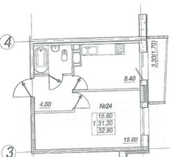 1-комн.кв., 32 м², этаж 4