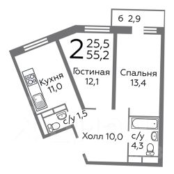 2-комн.кв., 55 м², этаж 9