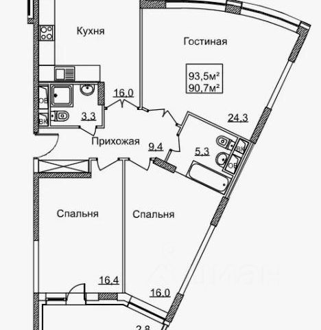 3-комн., 94 м², 4/8 этаж