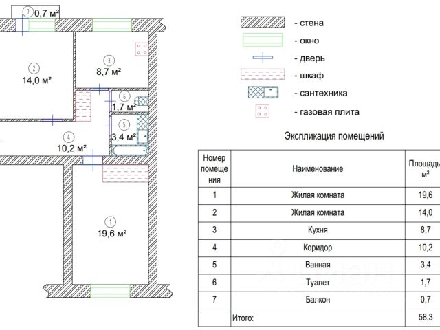 2-комн., 58,3 м², 4/5 этаж