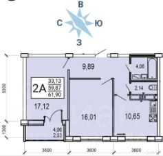 2-комн.кв., 62 м², этаж 18