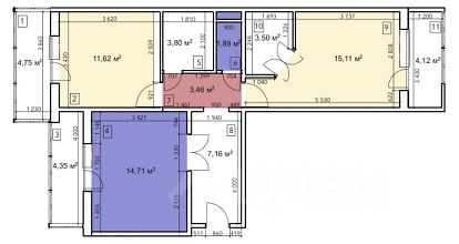 2-комн.кв., 61 м², этаж 10