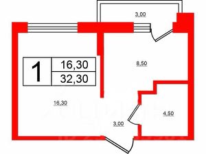 1-комн.кв., 32 м², этаж 2