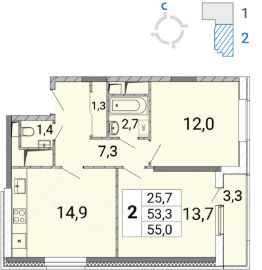 2-комн.кв., 55 м², этаж 13