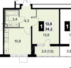 1-комн.кв., 34 м², этаж 19