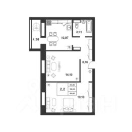 2-комн.кв., 60 м², этаж 6