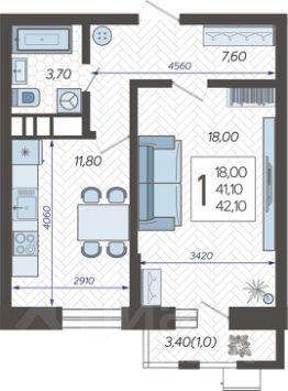 1-комн.кв., 44 м², этаж 7