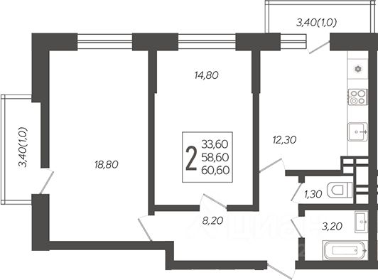 Продается2-комн.квартира,60,6м²