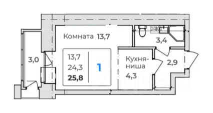 студия, 26 м², этаж 5