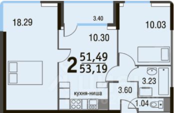 2-комн.кв., 51 м², этаж 2