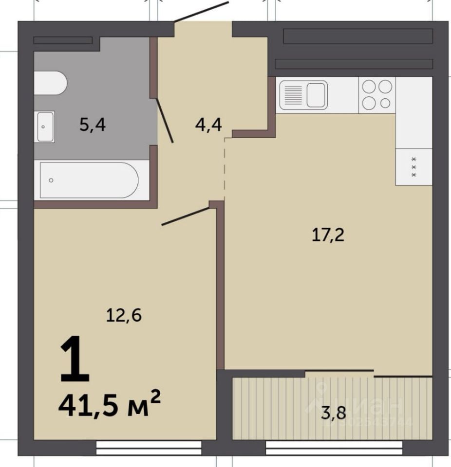 Квартира в новостройке, 41.5 кв.м, кухня 17.2 кв.м, жилая 12.6 кв.м, без отделки, 6 этаж, Екатеринбург. Удобная планировка.