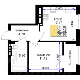 1-комн.кв., 38 м², этаж 7