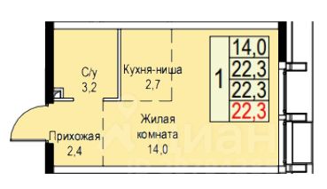 апарт.-студия, 22 м², этаж 9