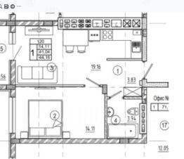 1-комн.кв., 44 м², этаж 1