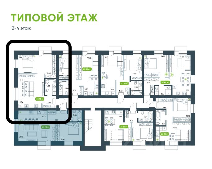 На плане представлено пространство типового этажа с открытой планировкой. Кухня интегрирована с гостиной, что создает удобную и современную атмосферу. В кухне видны элементы встроенной мебели, а также достаточное количество рабочих поверхностей. Гостиная оформлена с акцентом на комфорт, с возможностью размещения дивана и телевизора. Применены светлые оттенки для стен и мебели, что визуально расширяет пространство. Окна обеспечивают естественное освещение, подчеркивая использование качественных отделочных материалов. Общая планировка способствует функциональности и уюту, что делает помещение привлекательным для проживания.