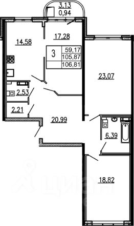 3-комн.кв., 106 м², этаж 12