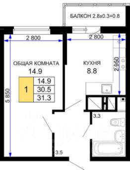 1-комн.кв., 32 м², этаж 11