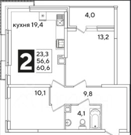 2-комн.кв., 61 м², этаж 3