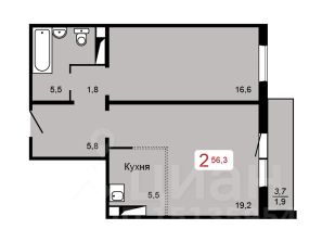 2-комн.кв., 56 м², этаж 4