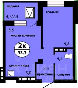 2-комн.кв., 33 м², этаж 15