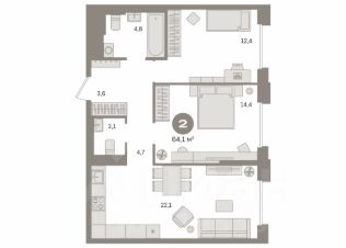 3-комн.кв., 64 м², этаж 12