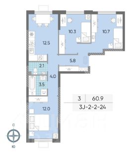 3-комн.кв., 61 м², этаж 4