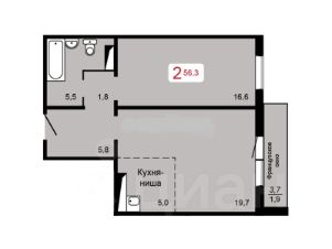 2-комн.кв., 56 м², этаж 14