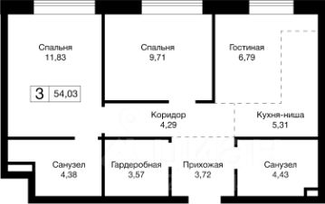 2-комн.кв., 54 м², этаж 37