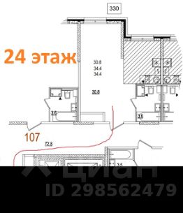 студия, 34 м², этаж 24