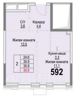 2-комн.кв., 36 м², этаж 12