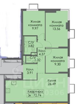 3-комн.кв., 73 м², этаж 25