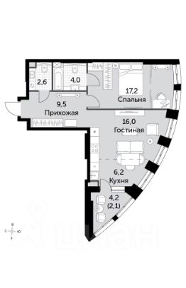 2-комн.кв., 58 м², этаж 7