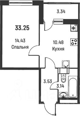 1-комн.кв., 34 м², этаж 2