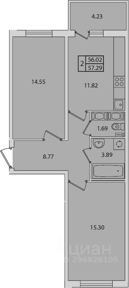 Продается2-комн.квартира,57,29м²