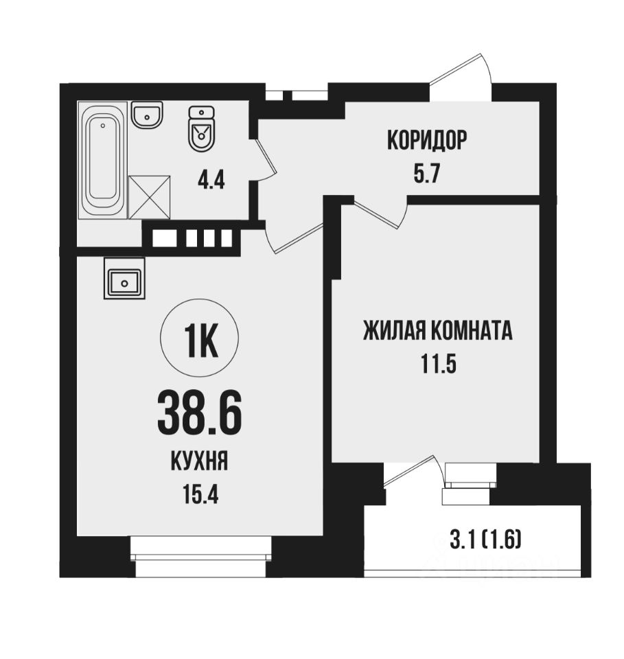Планировка квартиры включает в себя жилую комнату площадью 11.5 м², кухню 15.4 м² и коридор 5.7 м². Ванная комната и туалет расположены рядом с кухней. Пространство имеет функциональную планировку с четко обозначенными зонами. Стены обозначены в нейтральных тонах, что создает ощущение простора. Полы, вероятно, выполнены из ламината или плитки, что делает их практичными и легкими в уходе. Окна обеспечивают естественное освещение, придавая помещению уютный вид. Общая площадь квартиры составляет 38.6 м².