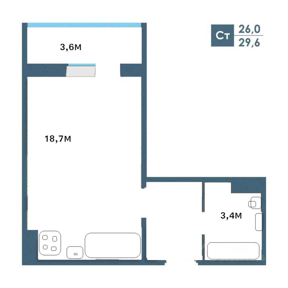 Планировка включает просторную зону площадью 18,7 м² с возможностью размещения дивана и телевизора. Прямые линии и простые формы создают современный стиль. Комната имеет высоту потолков 3,6 м, что придаёт ощущение простора. В углу расположены электрические розетки для удобства подключения техники. Цветовая палитра нейтральная, с акцентом на белый и тёмно-синий, что добавляет элегантности. Визуально выделяется отдельная зона 3,4 м², которая может быть использована как кабинет или дополнительное хранилище, с минималистичным дизайном и функциональными элементами.