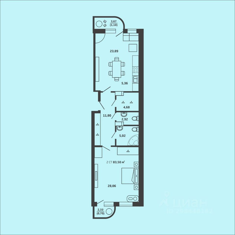 Продажа двухкомнатной квартиры 83м² ул. Дуси Ковальчук, 238, Новосибирск,  Новосибирская область, м. Заельцовская - база ЦИАН, объявление 298448182