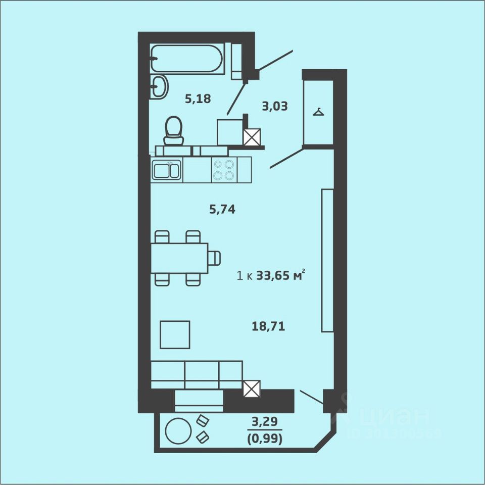 Современная планировка квартиры с открытой кухней и зоной для отдыха. На плане видно, что кухня оборудована плитой и раковиной, расположенной вдоль стены. Обеденная зона включает стол и стулья, обеспечивая комфортное место для питания. Гостиная оформлена с диваном и кофейным столиком, создавая уютную атмосферу. Ванная комната компактна, с душем и туалетом. Цветовая палитра нейтральная, с акцентами на светлых тонах, что визуально расширяет пространство. Использованы современные материалы и отделка, что подчеркивает стиль и функциональность интерьера.