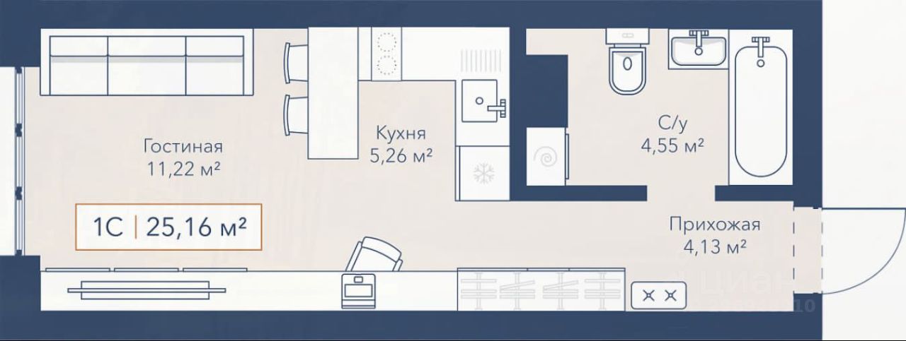 В планировке представлена гостиная площадью 11,22 м², соединенная с кухней 5,26 м². Гостиная оформлена в современном стиле, с минималистичной мебелью и открытой компоновкой. Кухня включает в себя встроенные шкафы и рабочую поверхность, что создает удобное пространство для готовки. Ванная комната 4,55 м² оснащена ванной и туалетом, а прихожая 4,13 м² обеспечивает функциональный доступ в другие помещения. Использованы светлые тона, что визуально увеличивает пространство, а также современные отделочные материалы, придающие интерьеру стильный вид.