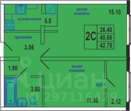 2-комн.кв., 43 м², этаж 18