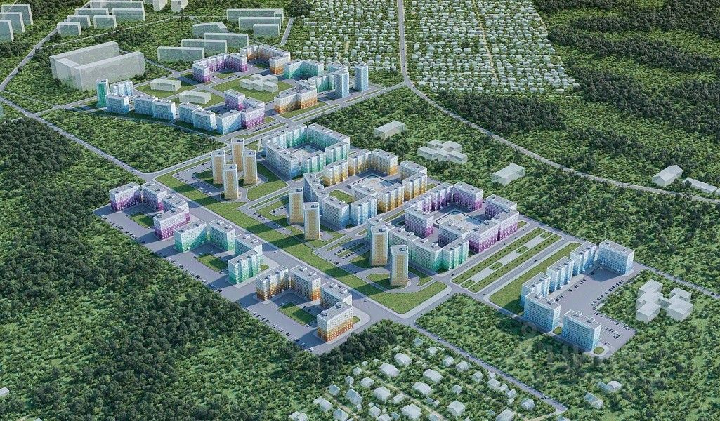 Модель жилого комплекса с современным архитектурным стилем, включающим многоэтажные здания с яркими фасадами. Структурные элементы представлены в виде блоков, организованных вокруг зеленых зон и дорожек. Основные характеристики включают разнообразие форм и цветовых решений, создающих гармоничное пространство. Использованы современные строительные материалы, такие как бетон и стекло, с отделкой в светлых и пастельных тонах. Дворы и парковочные зоны обеспечивают удобный доступ и функциональность, создавая комфортные условия для проживания.
