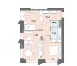 2-комн.кв., 52 м², этаж 13