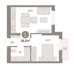 1-комн.кв., 37 м², этаж 3