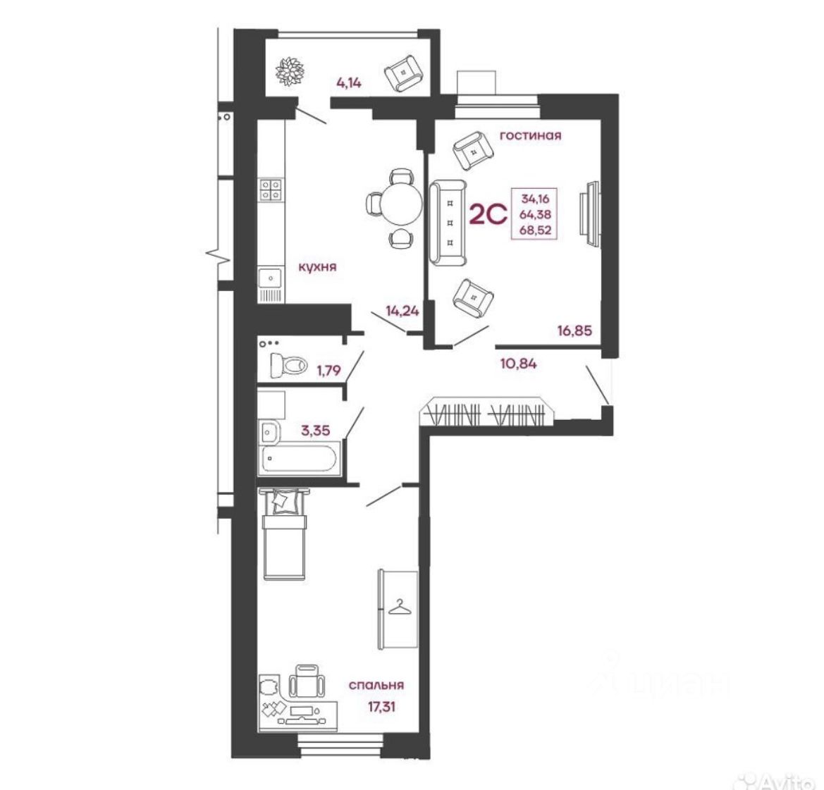 2-к кв. Пензенская область, Пенза ул. Богданова (68.5 м²)