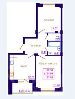 2-комн.кв., 57 м², этаж 7